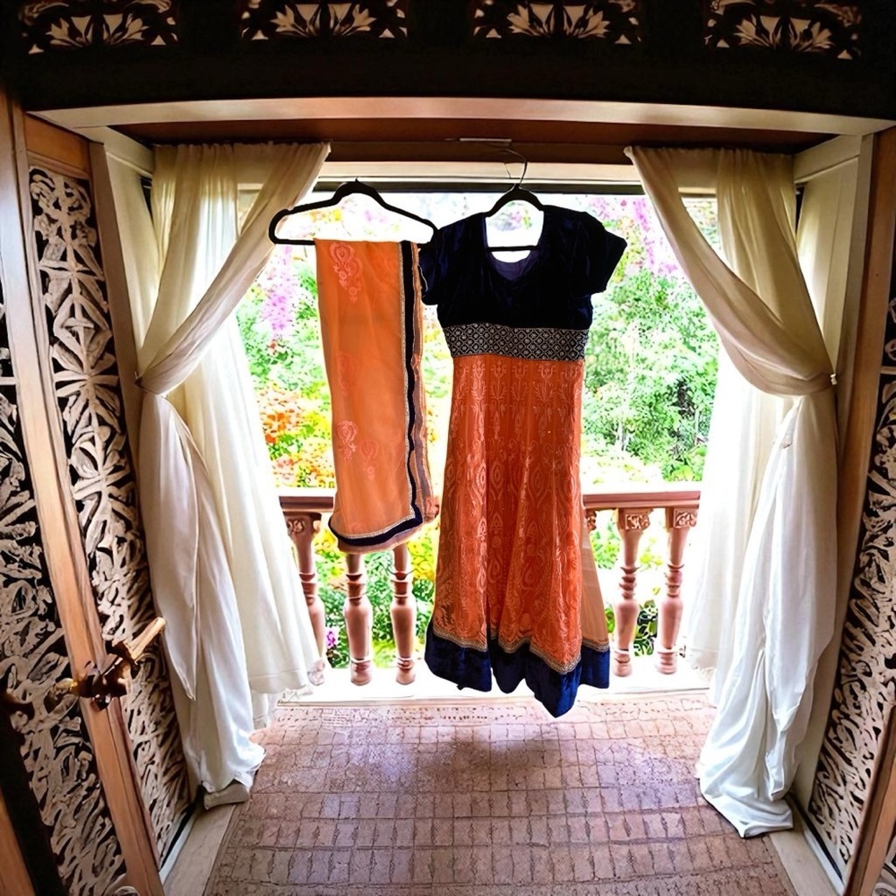 Indian Designer Light Orange and Navy Blue Velvet & Net Anarkali - Picture 2 of 4